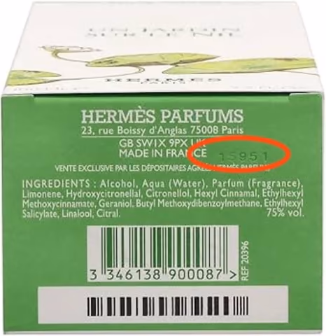Batch code highlighted on a perfume box