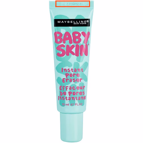 Batch code highlighted on a cosmetic tube crimp